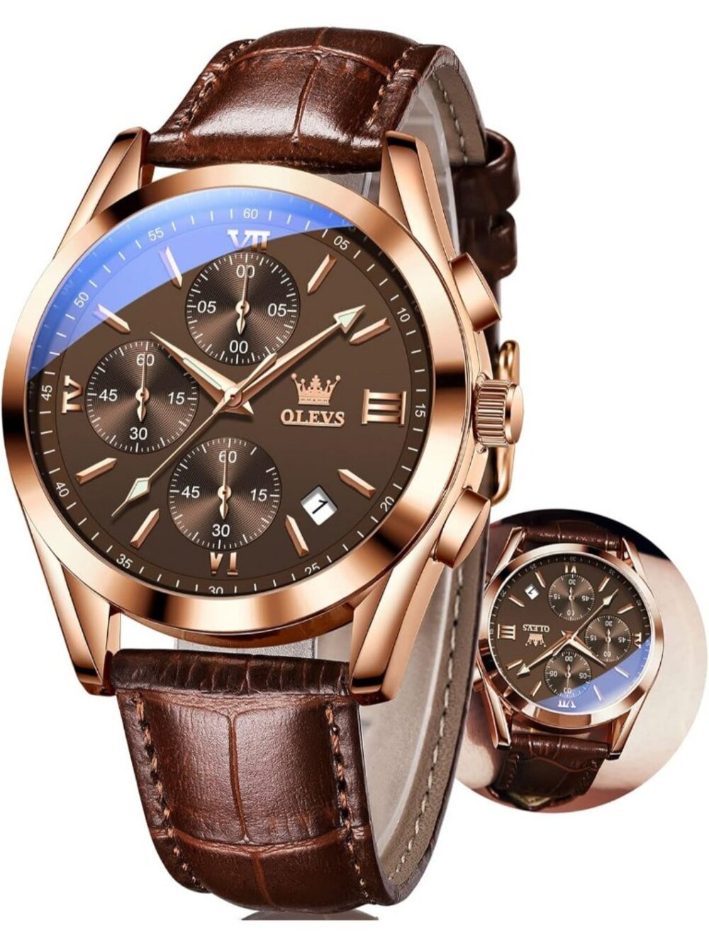 Men's Rose Gold Large Face Brown Leather Analog Chronograph Waterproof Watch